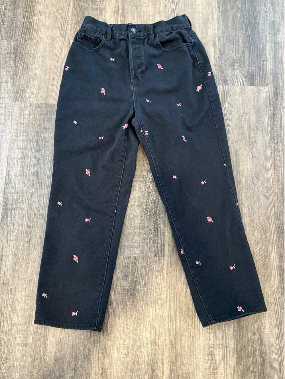 PacSun High Rise Straight Leg Jeans Black Pink Rose Embroidered Button Fly 27